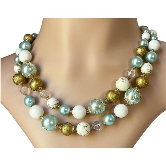 1960s Japan Double Strand Light Blue White Gold Round Beads Adjustable Necklace - Picture 1 of 5